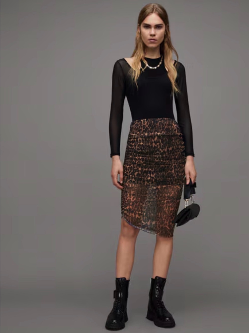 AllSaints Nora Leopard Print Mesh Midi Skirt